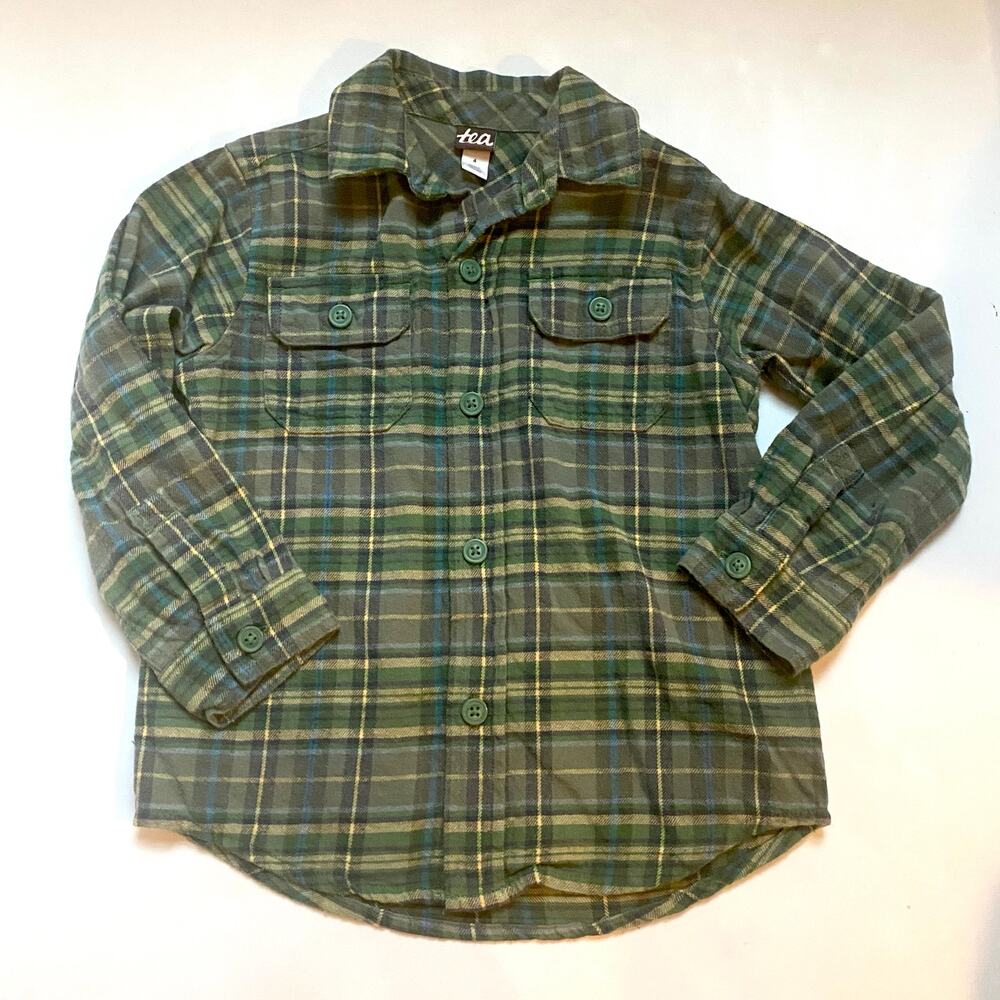 Tea Collection Olive Green Plaid Flannel Button Down